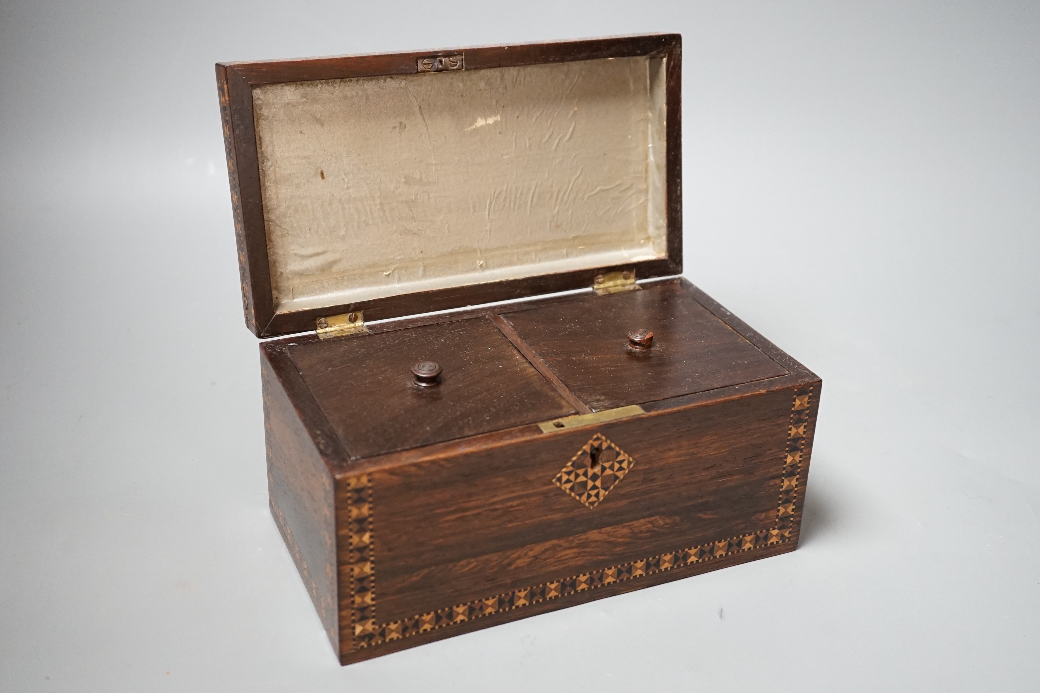 A Tunbridge ware rosewood and half square mosaic tea caddy, c.1830, 21cm wide